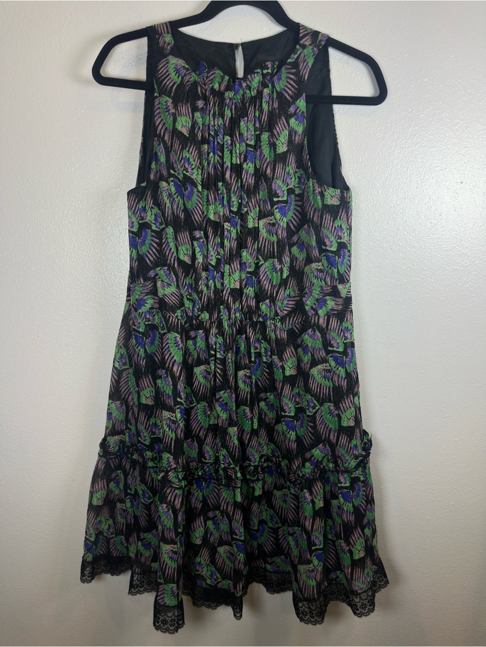 Anna Sui Silk Floral Tiered Ruffle Dress Purple Green Size 6